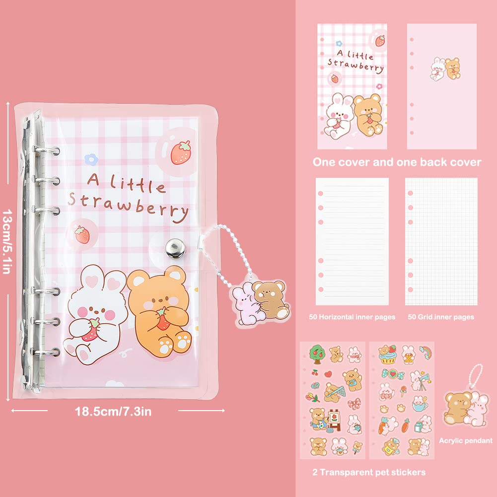 2 Pcs Binder Notebook,Rabbit Bear 6 Round Ring Loose Leaf Binder Small Diary Journal Planning Pocket Notebook with Transparent PVC Cover Pendant Sticker Gift for Kid Office Christmas Easter Birthday