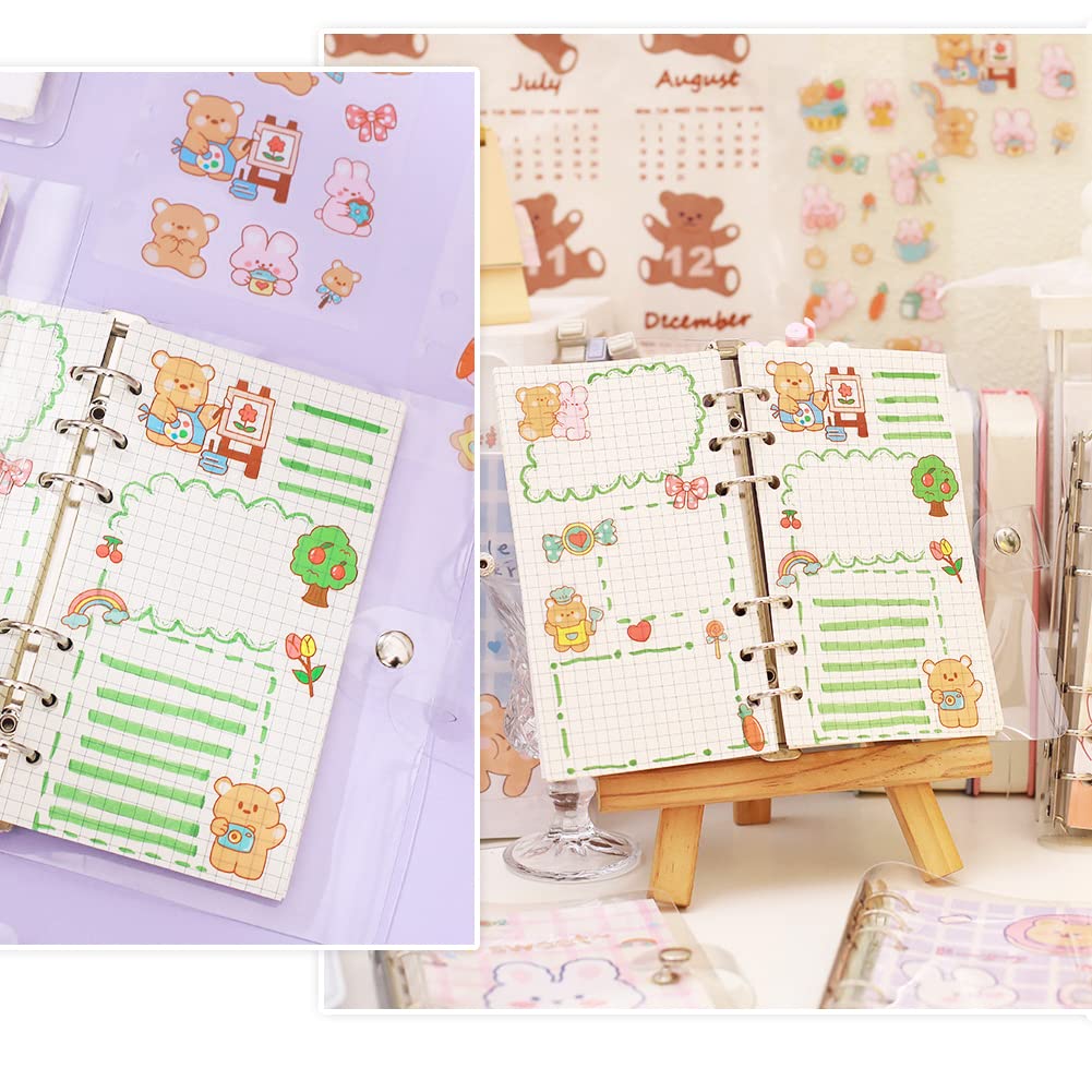 2 Pcs Binder Notebook,Rabbit Bear 6 Round Ring Loose Leaf Binder Small Diary Journal Planning Pocket Notebook with Transparent PVC Cover Pendant Sticker Gift for Kid Office Christmas Easter Birthday