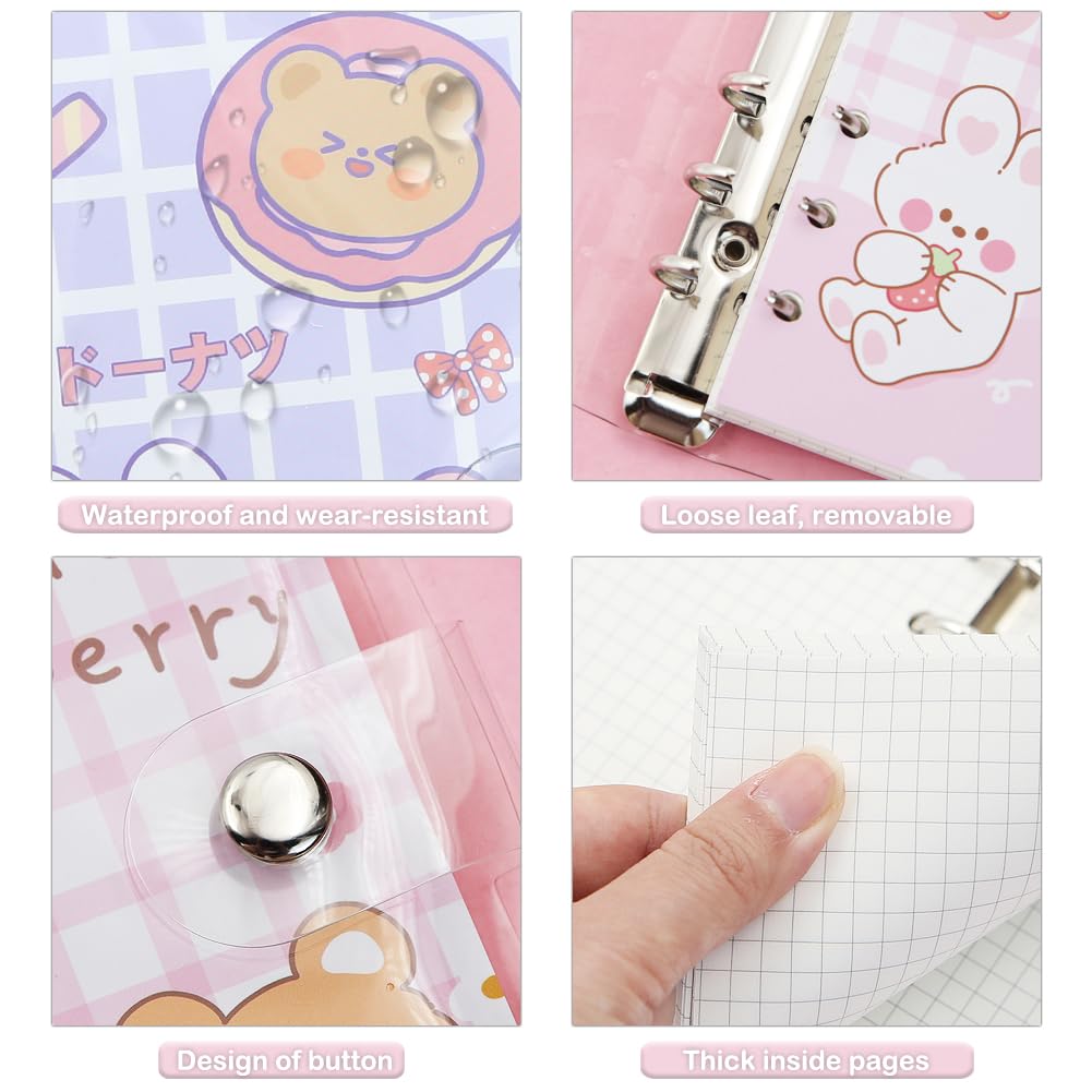 2 Pcs Binder Notebook,Rabbit Bear 6 Round Ring Loose Leaf Binder Small Diary Journal Planning Pocket Notebook with Transparent PVC Cover Pendant Sticker Gift for Kid Office Christmas Easter Birthday