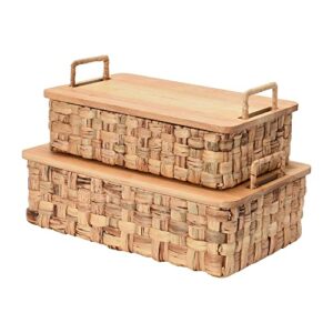 household essentials, natural stackable hyacinth baskets with oak lids, set of 2