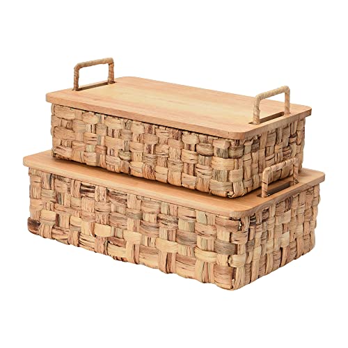 Household Essentials, Natural Stackable Hyacinth Baskets with Oak Lids, Set of 2