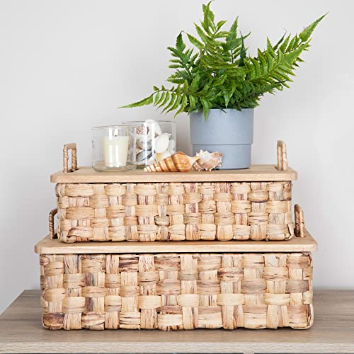 Household Essentials, Natural Stackable Hyacinth Baskets with Oak Lids, Set of 2