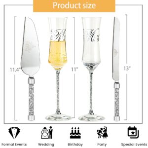 iooiluxry Wedding Champagne Flutes and Cake knife Server Set, Mr and Mrs Champagne Flutes, Bride and Groom Champagne Glasses and Cake Cutting set for Wedding Gifts