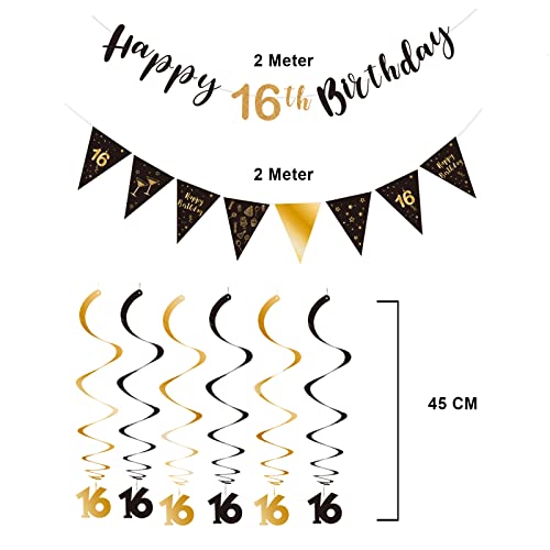 16th Birthday Decoration Kit, Happy 16th Birthday Banner Bunting Swirls Streamers, Triangle Flag Banner for Birthday Party Decorations Supplies Black and Gold 16th