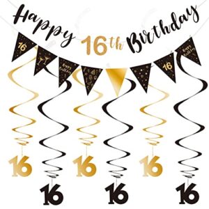16th birthday decoration kit, happy 16th birthday banner bunting swirls streamers, triangle flag banner for birthday party decorations supplies black and gold 16th