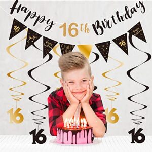 16th Birthday Decoration Kit, Happy 16th Birthday Banner Bunting Swirls Streamers, Triangle Flag Banner for Birthday Party Decorations Supplies Black and Gold 16th