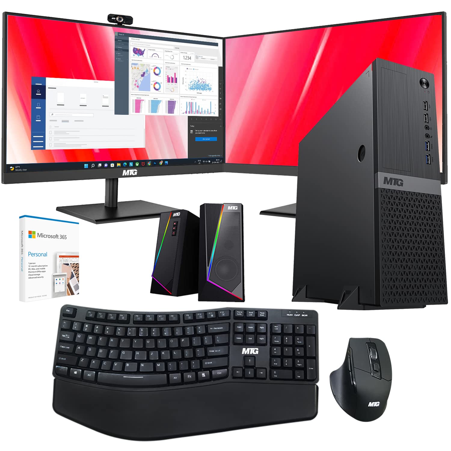 MTG Aurora Business Computer Desktop PC-Intel Core i5 8th Gen, 16GB Ram DDR4, 1TB Nvme, MTG Dual 24 Inch Monitor, MTG Wireless Ergonomic Keyboard Mouse, RGB Speaker, Webcam, Office 365, Win 11 Home