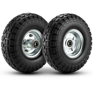cenipar 4.10/3.50-4 tire wheels 10" heavy duty solid flat-free replacement tire with 5/8" axle borehole, 2.1" offset hub for wagon wheelbarrow garden cart lawnmower and trolleys, 2-pack