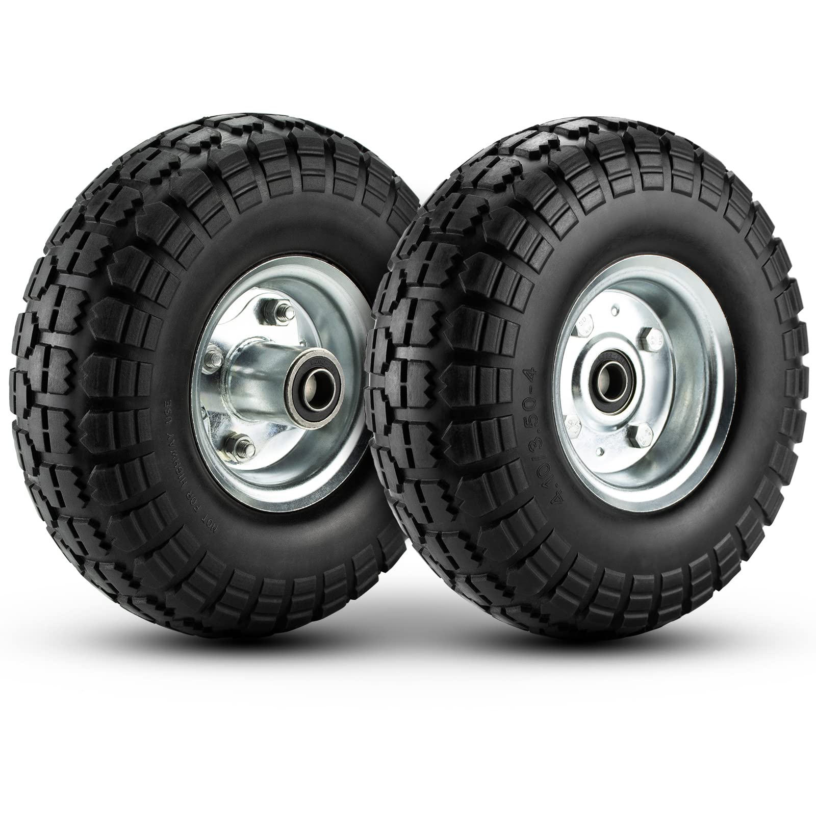 Cenipar 4.10/3.50-4 Tire Wheels 10" Heavy Duty Solid Flat-Free Replacement Tire with 5/8" Axle Borehole, 2.1" Offset Hub for Wagon Wheelbarrow Garden Cart Lawnmower and Trolleys, 2-Pack