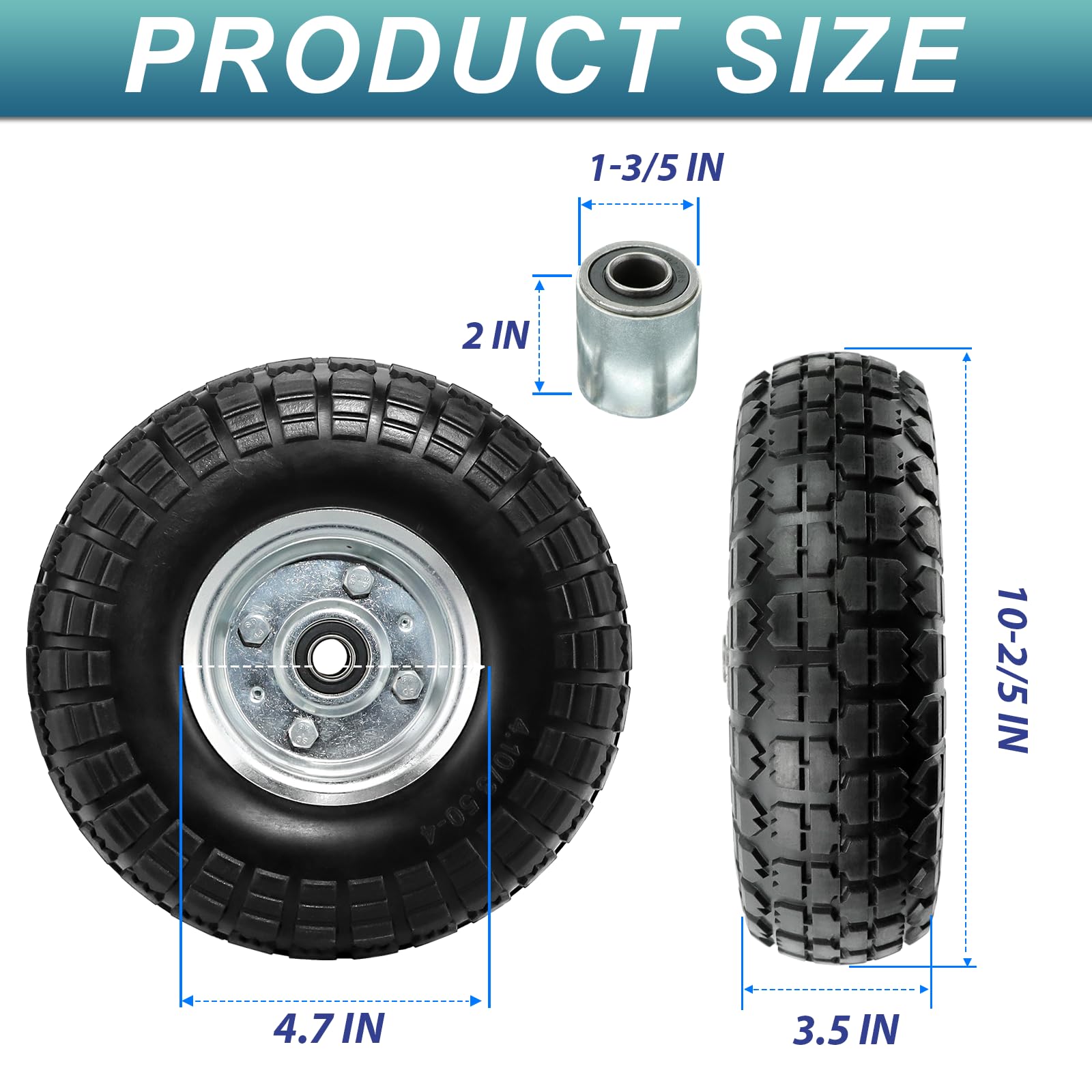 Cenipar 4.10/3.50-4 Tire Wheels 10" Heavy Duty Solid Flat-Free Replacement Tire with 5/8" Axle Borehole, 2.1" Offset Hub for Wagon Wheelbarrow Garden Cart Lawnmower and Trolleys, 2-Pack