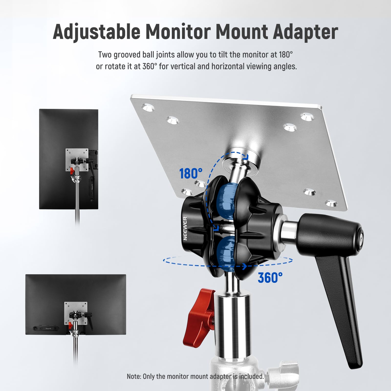 NEEWER Monitor Mount Adapter with VESA Mount, Aluminum Alloy Light Stand Adapter Dual 360° Ball Joint M4 Screw & 5/8" Receiver for Impact Screen Outdoor TV Stand, Max Load 14lb/6.3kg, MA001