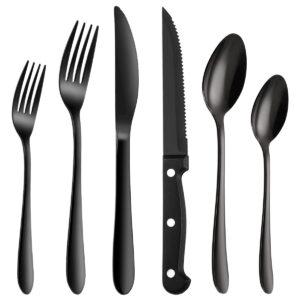 48-piece black silverware set for 8, stainless steel flatware cutlery set with steak knives, stain finish kitchen utensil tableware set, includes spoons forks knives for home hotel, dishwasher safe