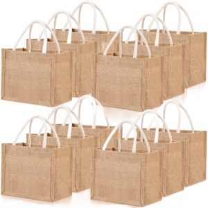 cunno 12 pcs burlap tote bags mini jute reusable bag with handles small blank canvas gift bag water proof for wedding beach diy 9.06x5.12x6.3inch(classic style)