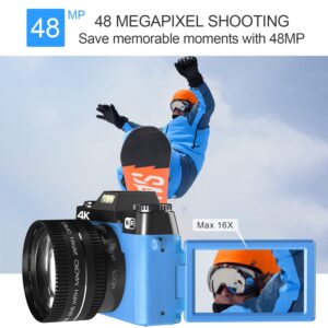 4K Digital Camera for Photography VJIANGER 48MP Vlogging Camera for YouTube with 3.0’’ 180° Flip Screen, WiFi, 16X Digital Zoom, Wide Angle & Macro Lens, 2 Batteries, 32GB Micro SD Card(W02-Blue30)