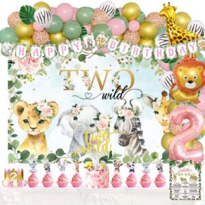 Fiesec Two Wild Birthday Decorations Girl, Jungle Safari Animal Theme 2nd Party Decorations Backdrop Balloons Banner Cake Cupcake Topper Poster Crown Lion Cheetah Giraffe Pink 119 PCs