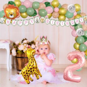 Fiesec Two Wild Birthday Decorations Girl, Jungle Safari Animal Theme 2nd Party Decorations Backdrop Balloons Banner Cake Cupcake Topper Poster Crown Lion Cheetah Giraffe Pink 119 PCs