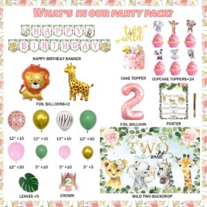 Fiesec Two Wild Birthday Decorations Girl, Jungle Safari Animal Theme 2nd Party Decorations Backdrop Balloons Banner Cake Cupcake Topper Poster Crown Lion Cheetah Giraffe Pink 119 PCs