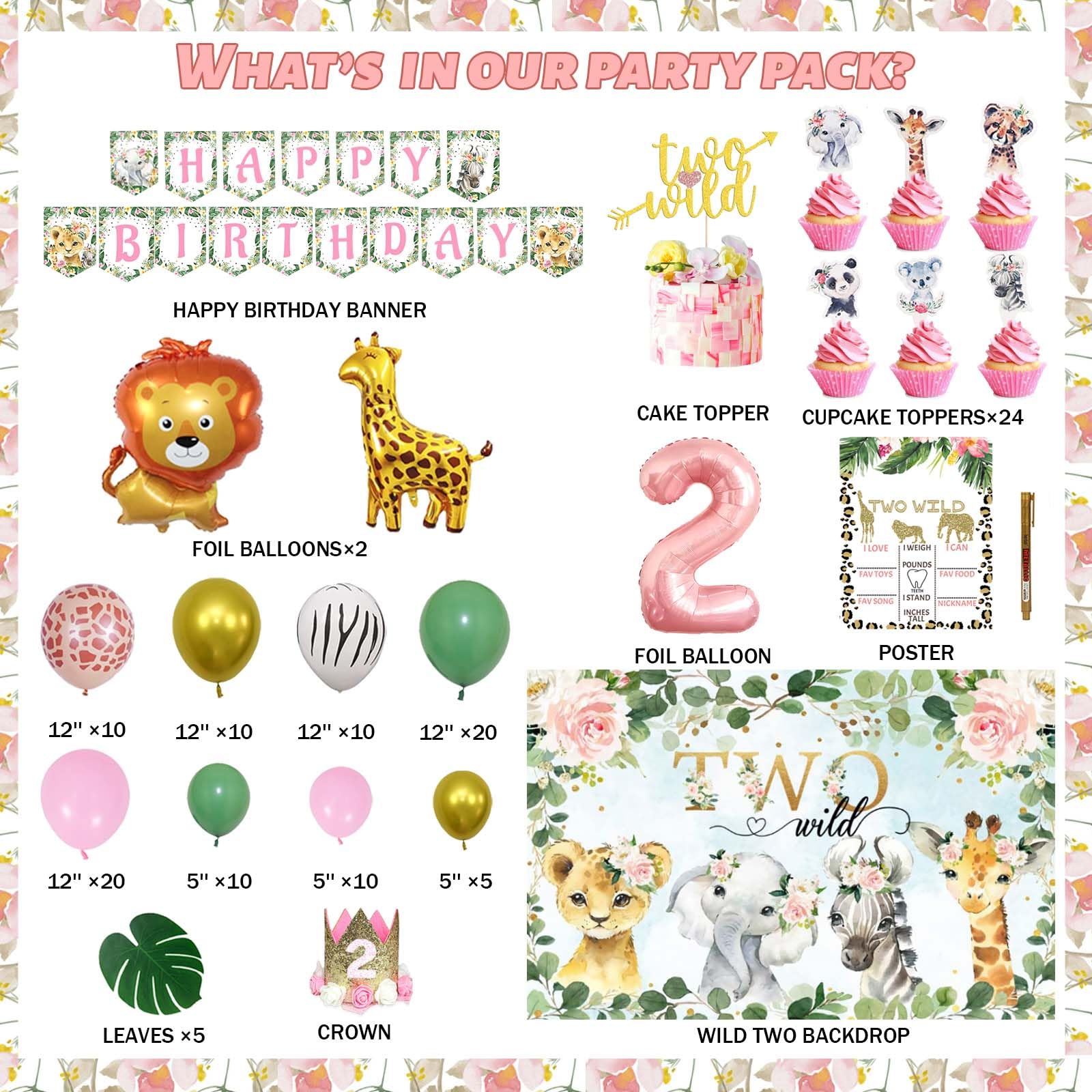 Fiesec Two Wild Birthday Decorations Girl, Jungle Safari Animal Theme 2nd Party Decorations Backdrop Balloons Banner Cake Cupcake Topper Poster Crown Lion Cheetah Giraffe Pink 119 PCs