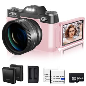 digital camera for photograohy and video vjianger 4k 48mp wifi vlogging camera with 180° flip screen, 16x digital zoom, 52mm wide angle & macro lens, 2 batteries and 32gb tf card(w02-pink32)