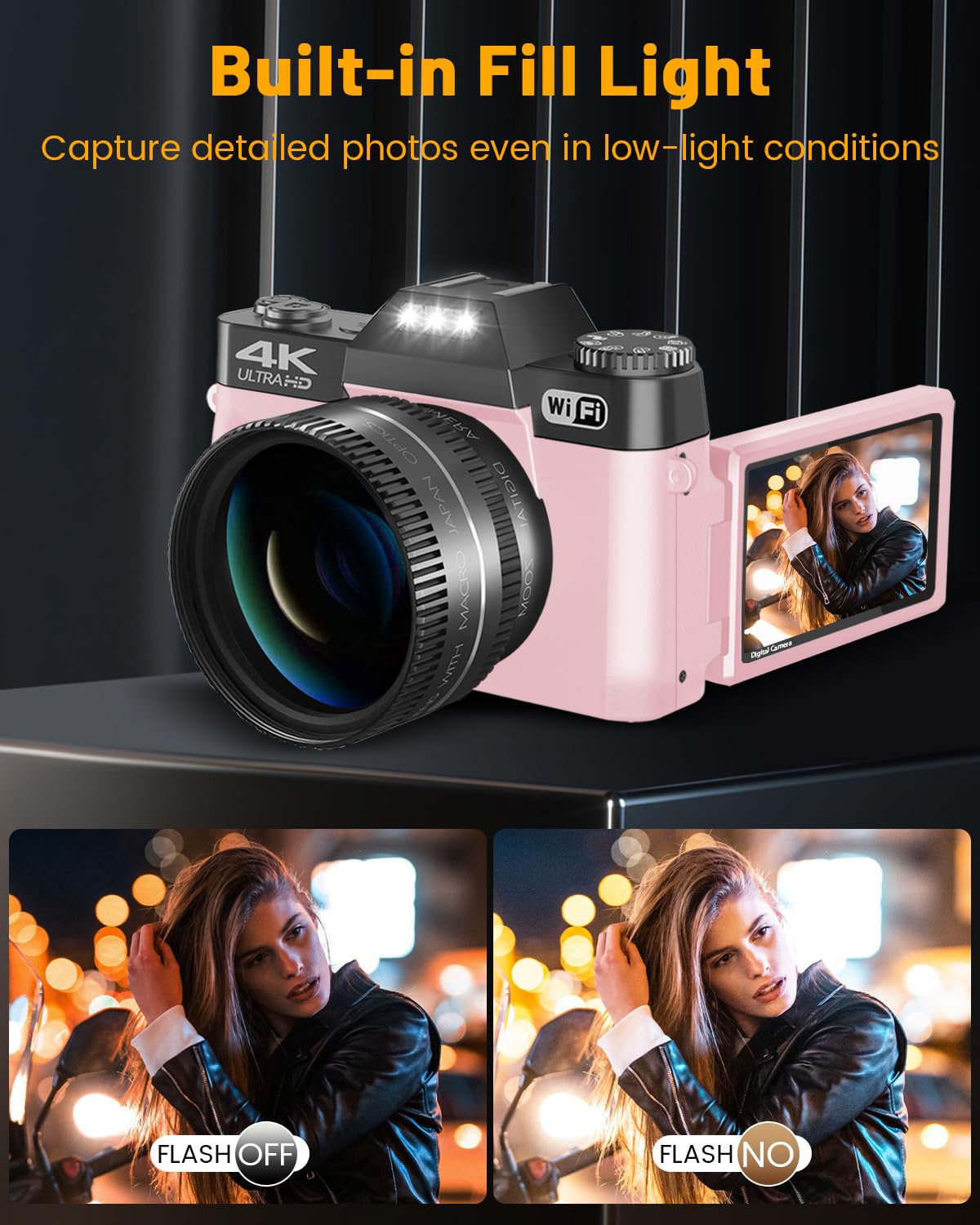 Digital Camera for Photograohy and Video VJIANGER 4K 48MP WiFi Vlogging Camera with 180° Flip Screen, 16X Digital Zoom, 52mm Wide Angle & Macro Lens, 2 Batteries and 32GB TF Card(W02-Pink32)