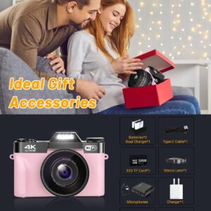 Digital Camera for Photograohy and Video VJIANGER 4K 48MP WiFi Vlogging Camera with 180° Flip Screen, 16X Digital Zoom, 52mm Wide Angle & Macro Lens, 2 Batteries and 32GB TF Card(W02-Pink32)