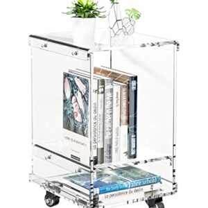 KSacry Acrylic Rolling Cart for Small Space,Mobile End Table with Two Tier Rolling Cart,Acrylic Nightstand/Bedside Table for Living Room, Bedroom (12.6" L × 11.8" W × 19" H)