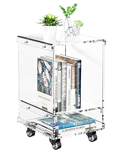 KSacry Acrylic Rolling Cart for Small Space,Mobile End Table with Two Tier Rolling Cart,Acrylic Nightstand/Bedside Table for Living Room, Bedroom (12.6" L × 11.8" W × 19" H)