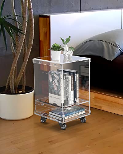 KSacry Acrylic Rolling Cart for Small Space,Mobile End Table with Two Tier Rolling Cart,Acrylic Nightstand/Bedside Table for Living Room, Bedroom (12.6" L × 11.8" W × 19" H)