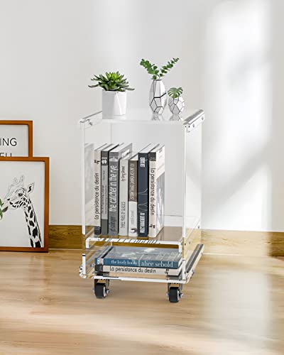 KSacry Acrylic Rolling Cart for Small Space,Mobile End Table with Two Tier Rolling Cart,Acrylic Nightstand/Bedside Table for Living Room, Bedroom (12.6" L × 11.8" W × 19" H)