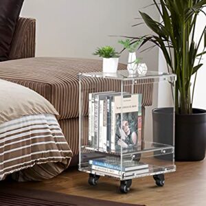 KSacry Acrylic Rolling Cart for Small Space,Mobile End Table with Two Tier Rolling Cart,Acrylic Nightstand/Bedside Table for Living Room, Bedroom (12.6" L × 11.8" W × 19" H)