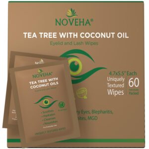 noveha tea tree & coconut oil eyelid & lash wipes | for demodex, blepharitis & itchy eyes, box of 60 individually wrapped eyelash wipes with aloe vera, natural makeup remover & daily eye cleanser