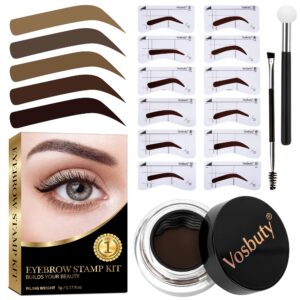 eyebrow stamp stencil kit, eyebrow stamp for perfect brows, brow stamp kit with 12 classic eyebrow stencils, eye brow stamping kit, long-lasting waterproof smudge-proof (dark brown)