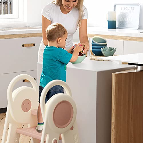 Benarita Step Stool for Toddler 3 Step Stool, Kids Foldable Step Stool for Bathroom Sink, Kitchen Counter Standing Tower, Step Ladder with Handles and Non-Slip Pads for Toilet Potty Training,Pink