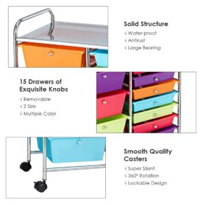 MEDIMALL 15 Drawers Rolling Storage Cart, Multipurpose Craft Storage Cart with Wheels, Mobile Tools Scrapbook Paper Organizer Cart for School Home Office Use (Multicolor)