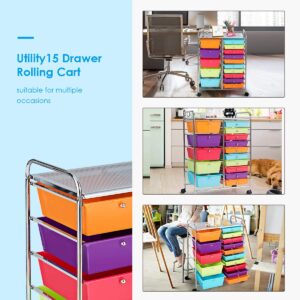 MEDIMALL 15 Drawers Rolling Storage Cart, Multipurpose Craft Storage Cart with Wheels, Mobile Tools Scrapbook Paper Organizer Cart for School Home Office Use (Multicolor)