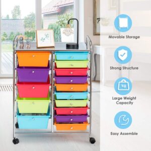 MEDIMALL 15 Drawers Rolling Storage Cart, Multipurpose Craft Storage Cart with Wheels, Mobile Tools Scrapbook Paper Organizer Cart for School Home Office Use (Multicolor)