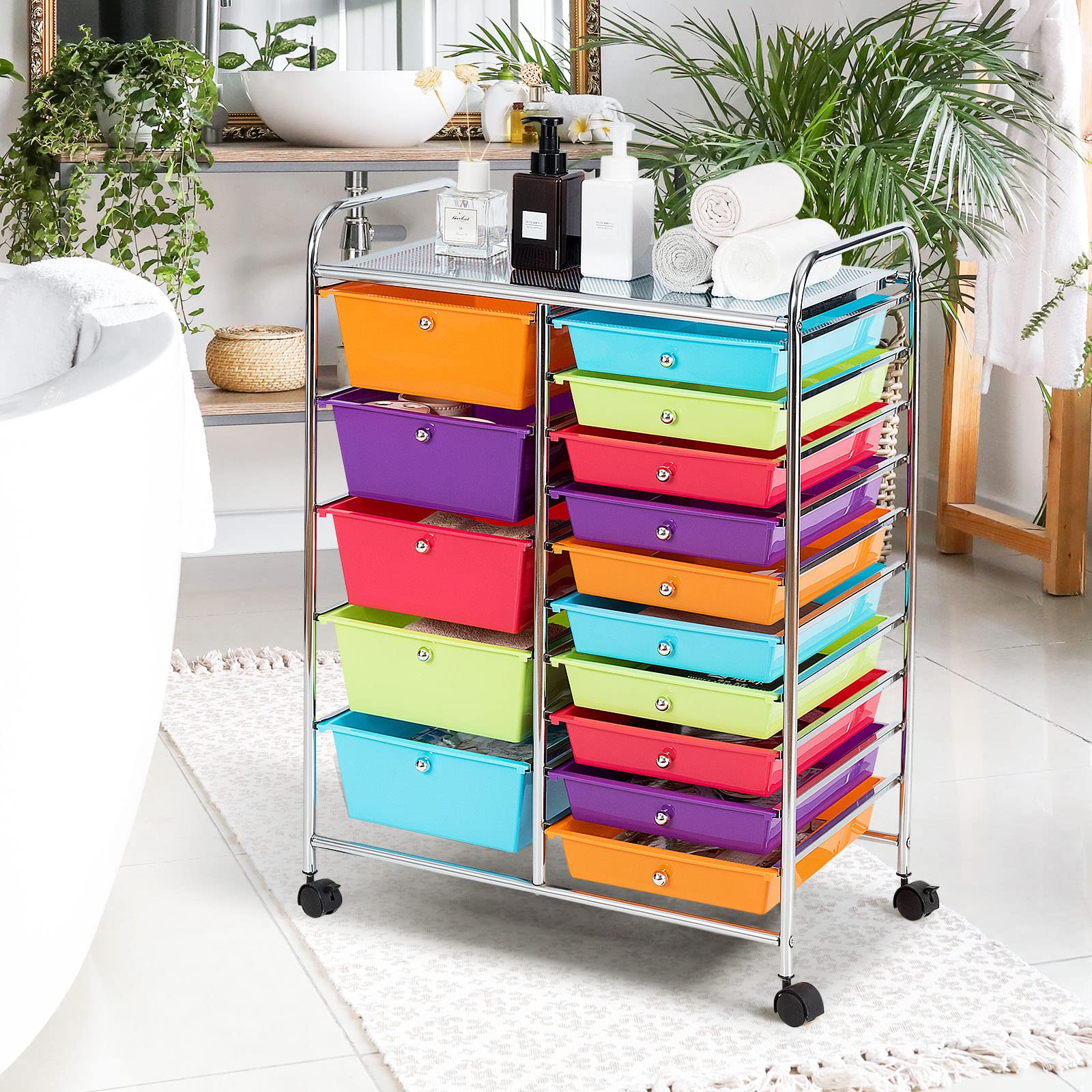 MEDIMALL 15 Drawers Rolling Storage Cart, Multipurpose Craft Storage Cart with Wheels, Mobile Tools Scrapbook Paper Organizer Cart for School Home Office Use (Multicolor)