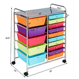 MEDIMALL 15 Drawers Rolling Storage Cart, Multipurpose Craft Storage Cart with Wheels, Mobile Tools Scrapbook Paper Organizer Cart for School Home Office Use (Multicolor)