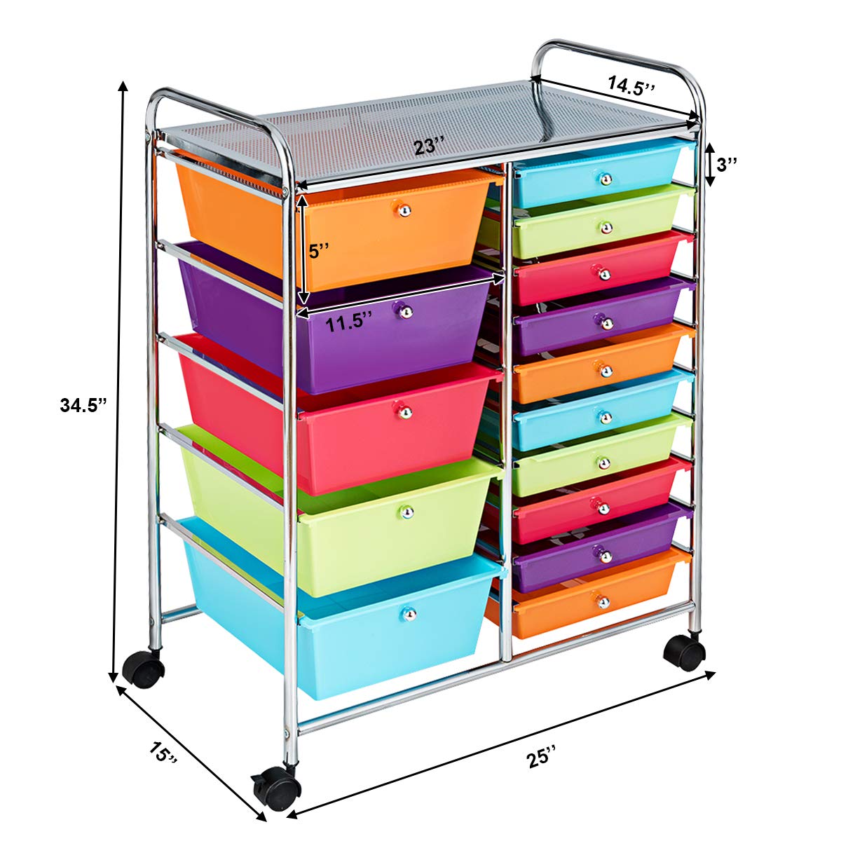 MEDIMALL 15 Drawers Rolling Storage Cart, Multipurpose Craft Storage Cart with Wheels, Mobile Tools Scrapbook Paper Organizer Cart for School Home Office Use (Multicolor)