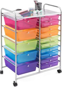 medimall 15 drawers rolling storage cart, multipurpose craft storage cart with wheels, mobile tools scrapbook paper organizer cart for school home office use (rainbow)