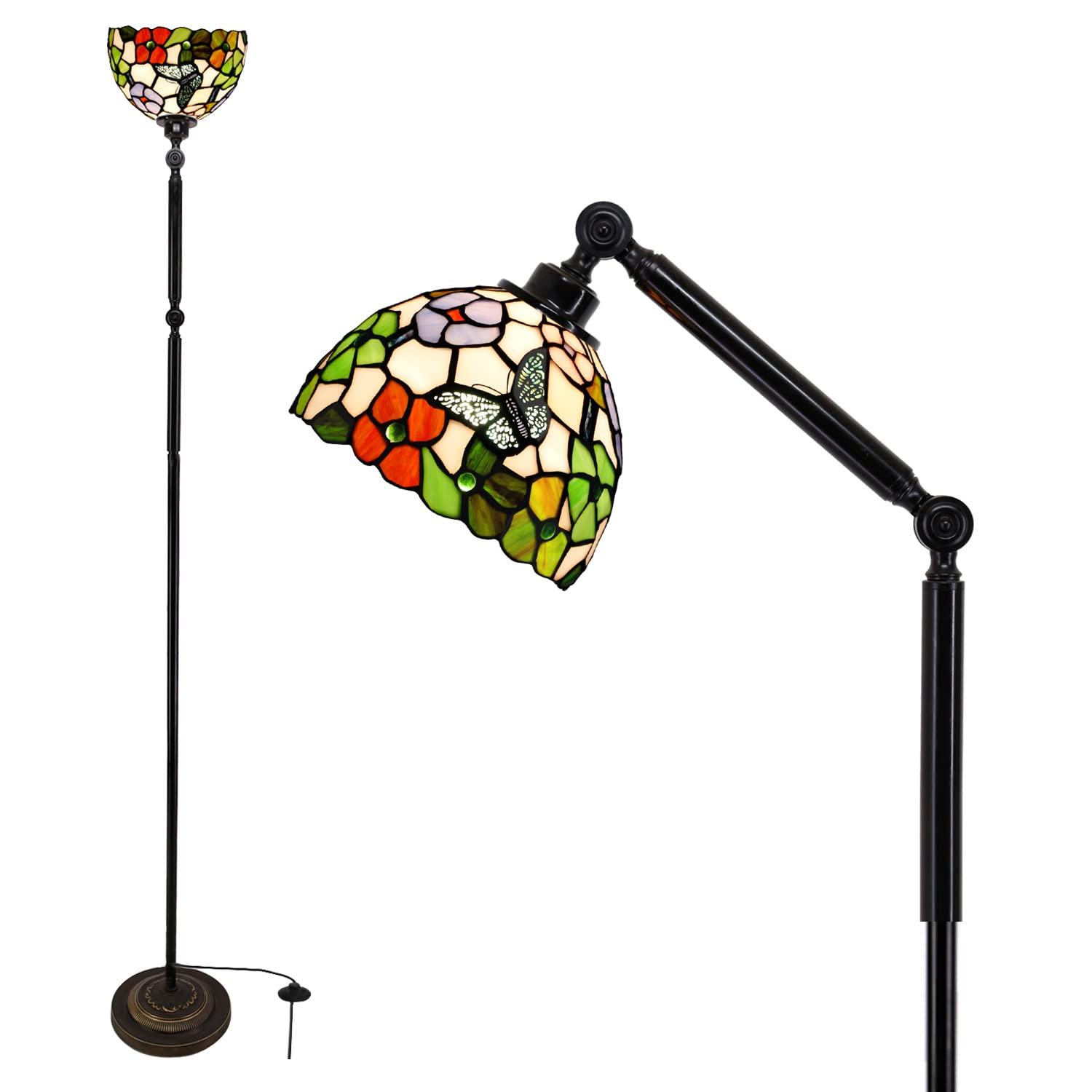 ZJART Tiffany Floor Lamp Torches Stained Glass Lamp 8X8X72 Inch Swivel Arm Angle Adjustable Antique Reading Light （Butterfly Flowers）