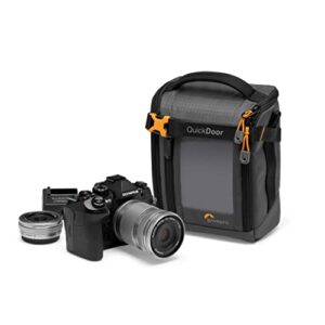 lowepro gearup creator box medium ii, mirrorless and dslr camera bag, camera case with quickdoor access, made with recycled fabric, orange padded interior dividers, grey