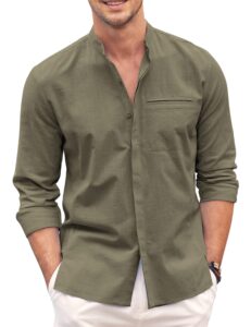 coofandy men beach shirts long sleeve linen button down mandarin collar vacation shirts army green