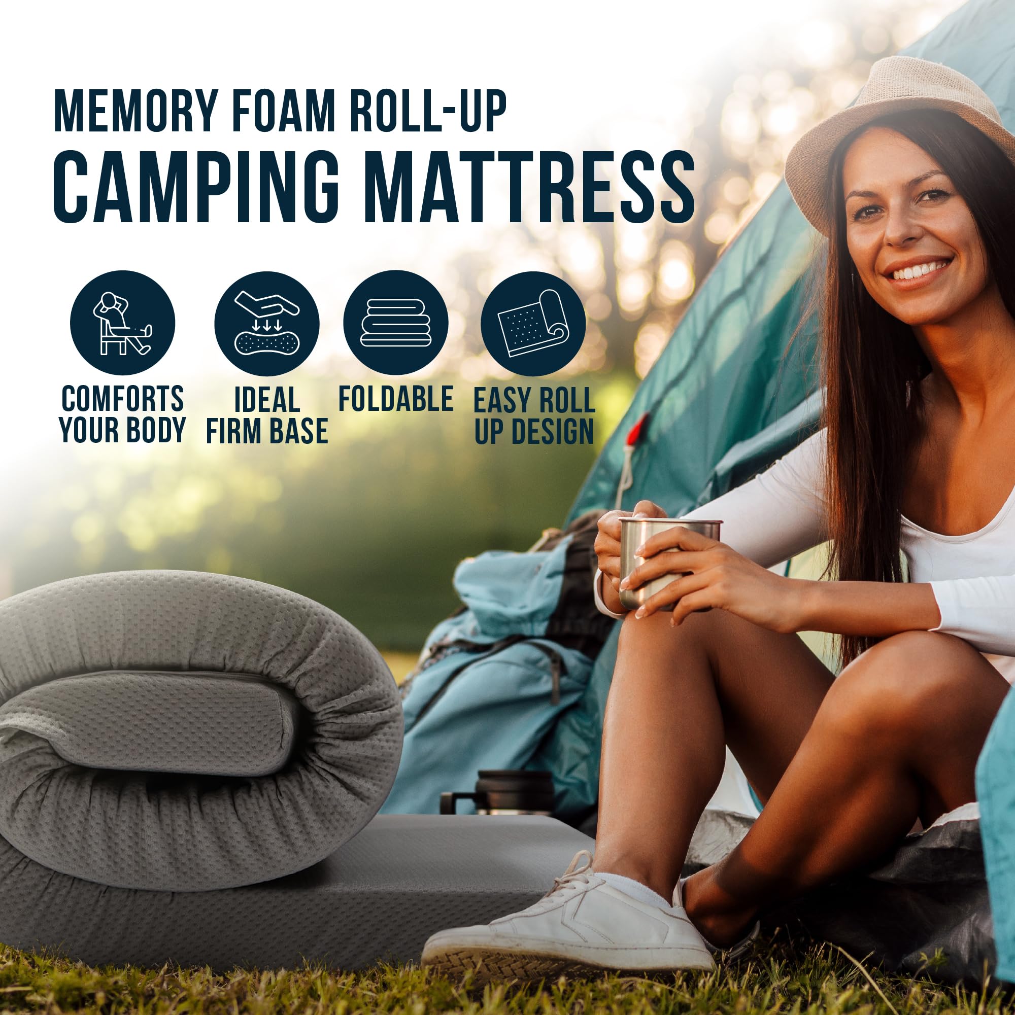 Foamma 3" x 30" x 80" Memory Foam Roll-Up Camping Mattress with Water Resistant Zipper Cover, Foldable and Portable for Camping, RV Bunk, Tent, Guest Bed, Outdoor and Dorm, CertiPUR-US Certified Foam