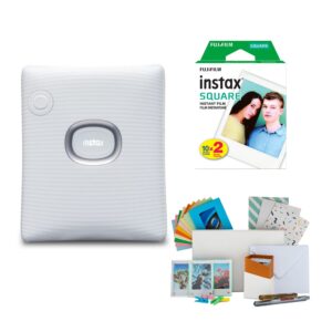 fujifilm instax square link wide instant printer (white) bundle with instax camera film kit and square film twin pack (3 items)