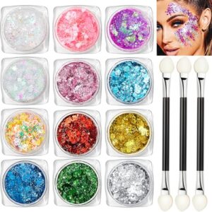 12 colors body glitter gel kit, super long lasting holographic chunky glitter gel festival party makeup for face, body, hair, nail art, eyeshadow, 3pcs sponge makeup brush include (set a)