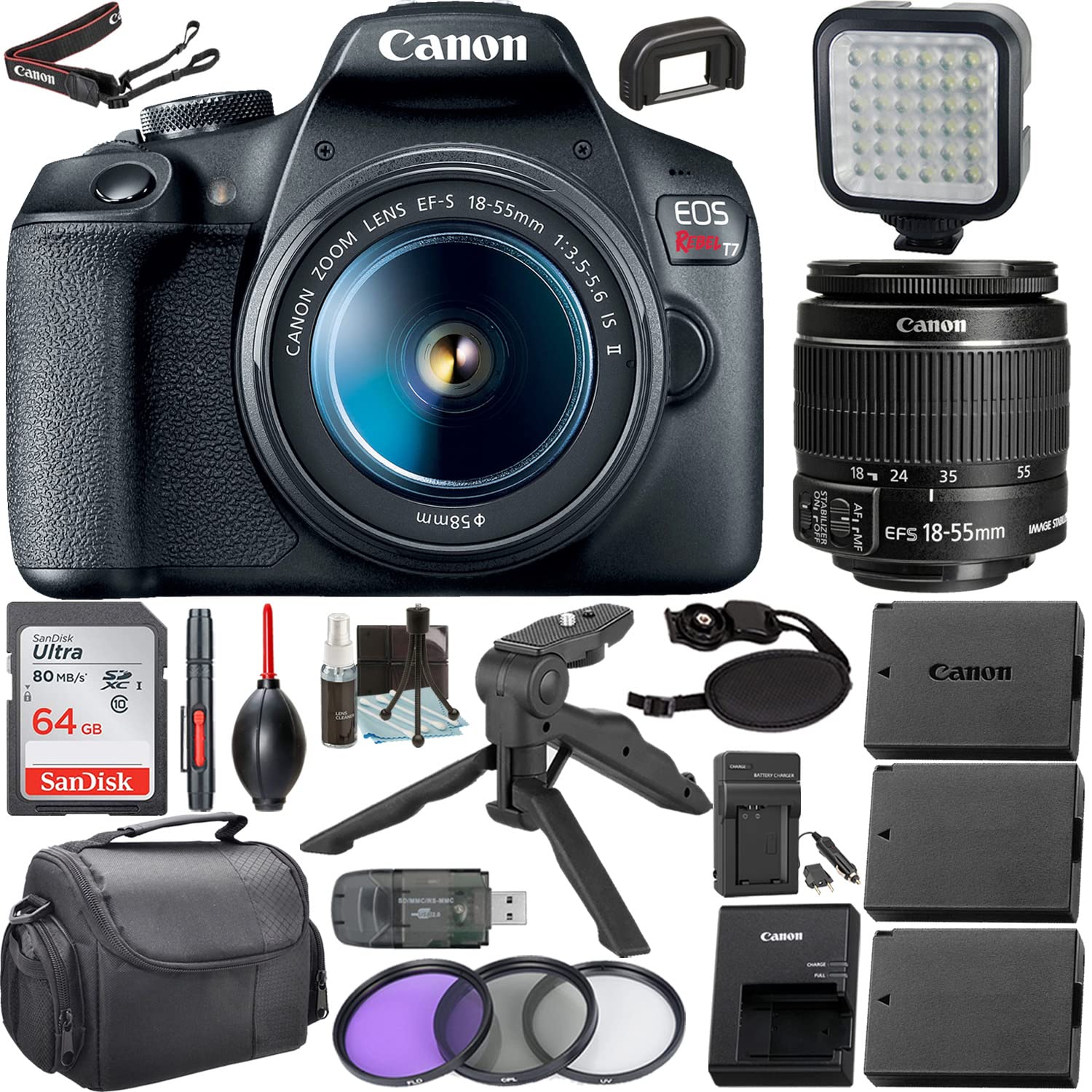 Camera Bundle for Canon EOS Rebel T7 DSLR Camera with EF-S 18-55mm f/3.5-5.6 is II Lens and Accessories Pack (64GB, Handheld Tripod, Extra Batteries, and More)