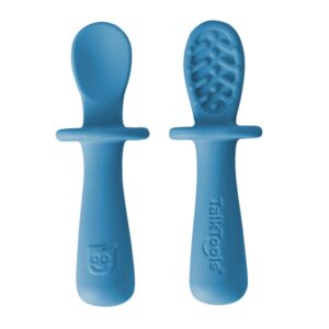 talktools itsy tiny silicone spoons – twin pack soft silicone self-feeding training spoons for kids & toddlers, anti-choking flange guard and non-slip handle (ocean)