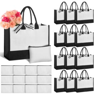 24 pcs beach canvas tote bag with canvas makeup bag set blank initial gift bags for women personalized kitchen reusable grocery bags for gift diy travel shopping bridesmaid bride wedding, black white