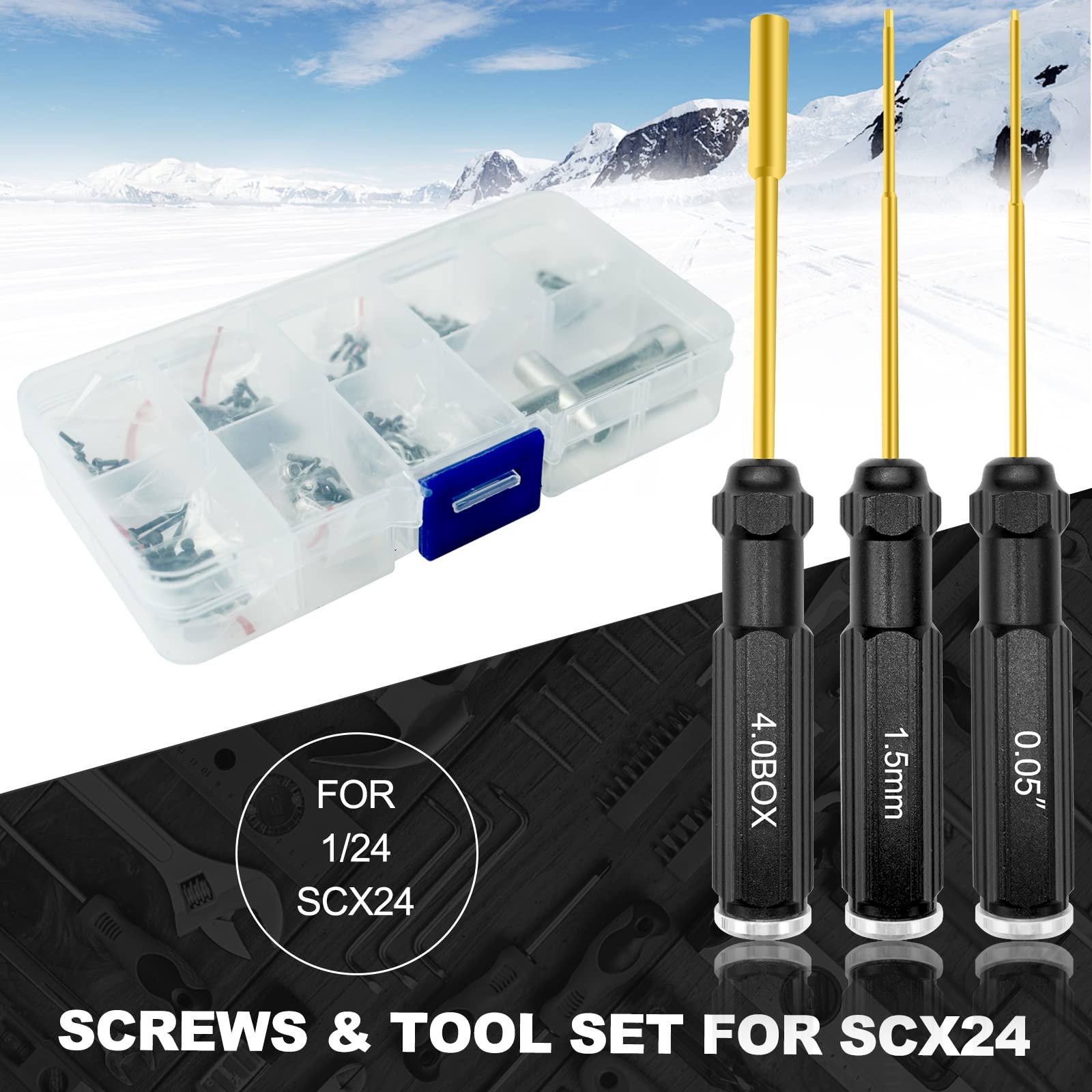 OGRC Steel Screws Set RC Tool Kit with 3 PCS Hex Screwdriver 0.05'' 1.5mm Hex Nut Drivers 4mm for Axial SCX24 1/24 C10 Deadbolt JLU Gladiator Bronco RC Crawler Car